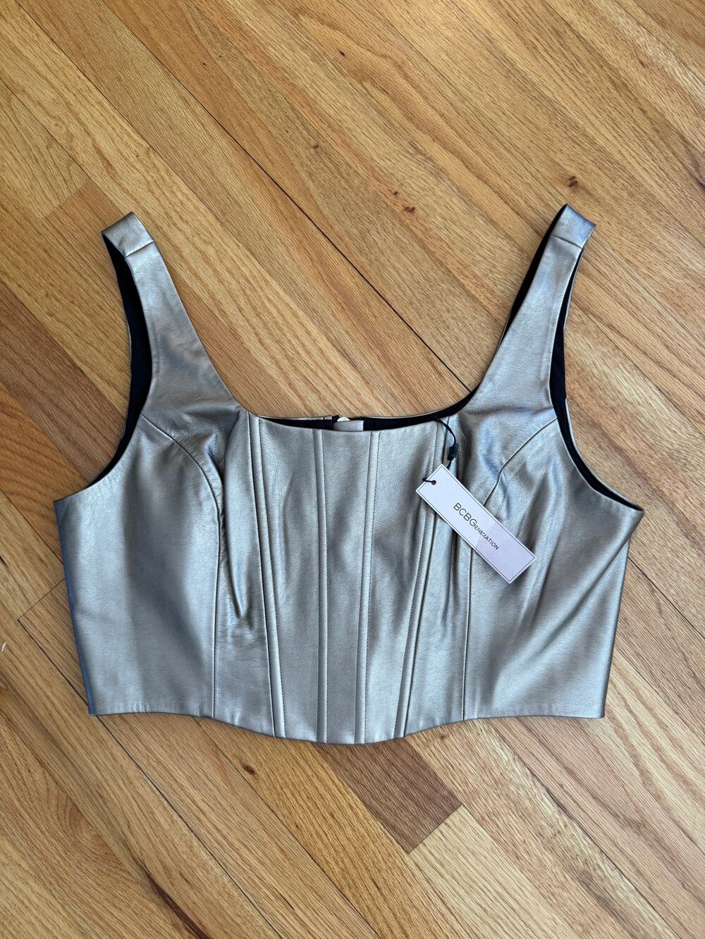 BCBGeneration NWT Metallic Champagne Gold Faux Leather Corset Bustier Crop Top L